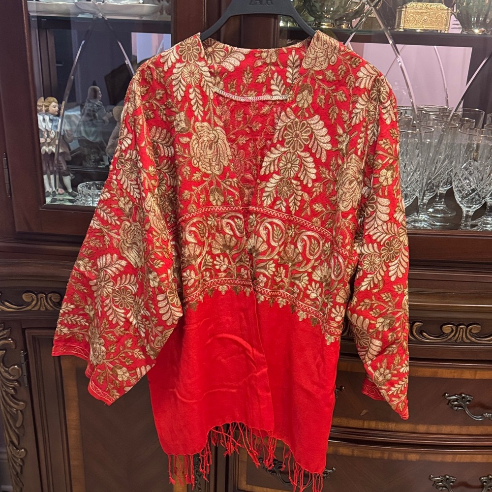 Vibrant Red Poncho with Gold Embroidery
